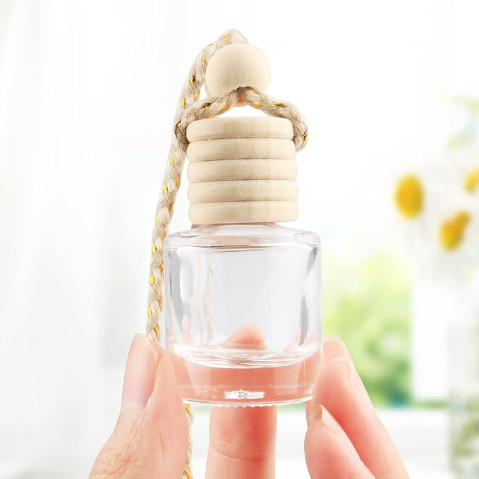 20 Pcs 8ml Hanging Car Air Freshener Diffuser,Empty Clear Glass Essential Diffuser Oil Aromatherapy Fragrance Perfume Pendant Glass Vials with Wooden Caps & Hanging String,Cylindrical