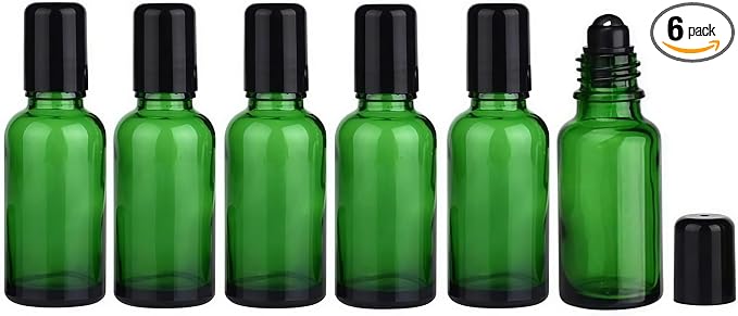 6PCS 50ml Empty Portable Green Glass Roll on Bottles With Stainless Steel Ball and Black Cap For Perfume Essential Oil Roller Bottles Vial Container Pot Jar Attar Bottle