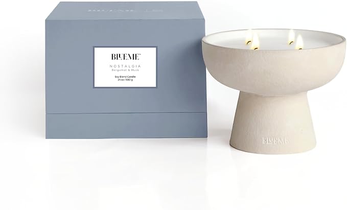 Blueme Nostalgia Candle | Bergamot & Musk | 4 Wick - Refillable Wellness Candle with Essential Oils, Hand Finished & Poured Soy Wax Blend Ceramic Vessel, Natural Cotton Wicks | Large 24 oz