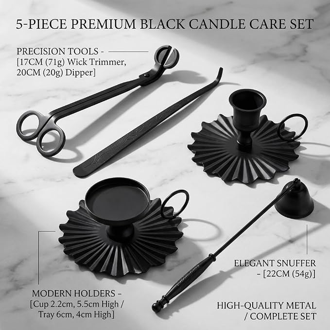 5 Piece Candle Accessory Set - Wick Trimmer, Snuffer, Dipper, Lighter, Candle Holder - Stainless Steel