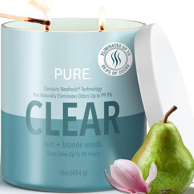 Candle-Lite Pure Rain & Blonde Woods Odor Eliminating Scented Candles, Neofresh Technology Eliminates 99.9% of Odors, 16 oz 2-Wick Jar, Proudly Poured in The USA, Up to 60 Hours Burn Time