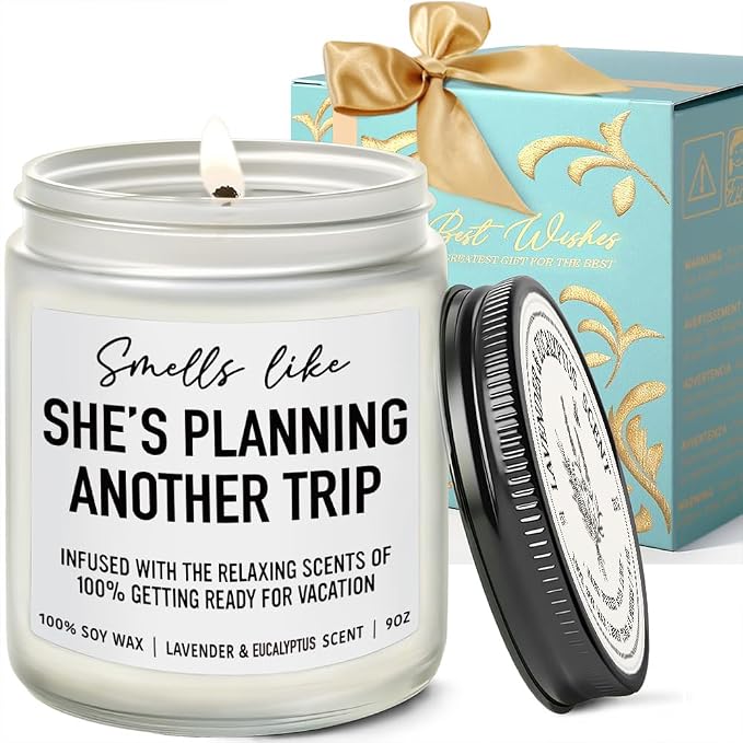She's Planning Another Trip Candle Travel Gifts for Women, Funny Gifts for Travelers, Funny Birthday Planning Traveling Gift for Travelers Women, Mom, Couple, Friend, Lavender Eucalyptus Candles 9OZ