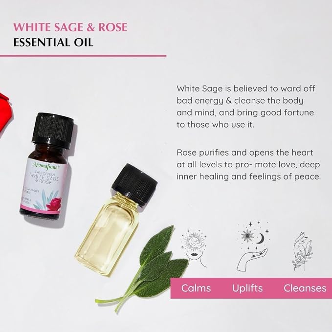 White Sage & Rose Essential Oil Diffuser Blend by Aromafume | 3x10ml/0.33 fl oz | Aromatherapy Oil for Cleansing Negative Energy & Protection | Ethically sourced | Sage Oil for Smokeless Smudging
