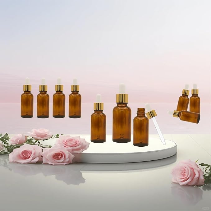 Set of 12, 1 oz Amber Dropper Bottles for Essential Oils, Perfumes with 2 Funnels & 12 Labels -30ml Amber Glass with Eye Droppers - Tincture Bottles, Leak Proof Travel for Liquids