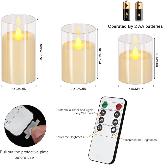 wemarry Flameless Candles 4" 5" 6" Acrylic Glass Pillars 3" Diameter Battery Operated Flickering Candles Include 8-Key Remote with Timer Function 400+ Hours (Pure White, Warm Light 6 Pack)