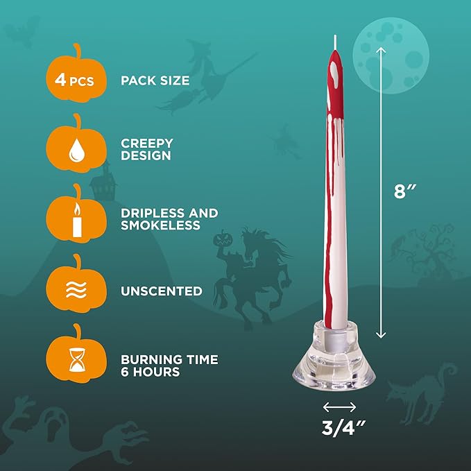CANDWAX 8 inch Blood White Taper Candles Set of 4 - Smokeless Dripless Scentless Candlesticks - Perfect as Halloween Décor and as Household Dinner Table Centerpiece Candle Sticks