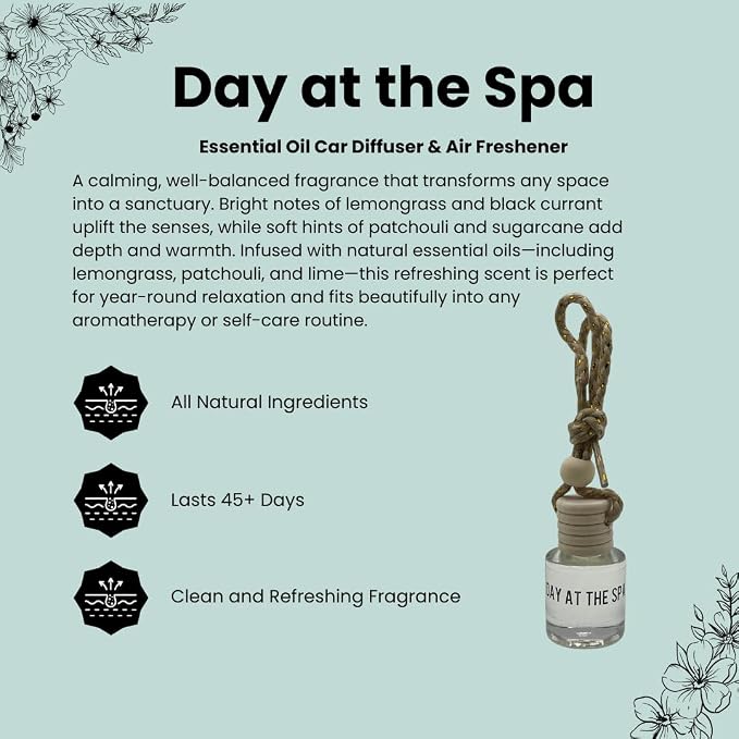 Day at the Spa Hanging Car Air Freshener – Long Lasting Essential Oil Diffuser for Car, Closet, Bathroom – 2-Pack Natural Scent Deodorizer for women and men.