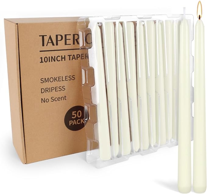 WPONSZU 50 Pack Ivory Taper Candles, 7-8 Hours Burn Time, Unscented, Smokeless and Dripless, 4/5 x 10 Inch for Christmas,Household,Dinner,Wedding,Valentine's Day,Party and Home Décor Candlesticks