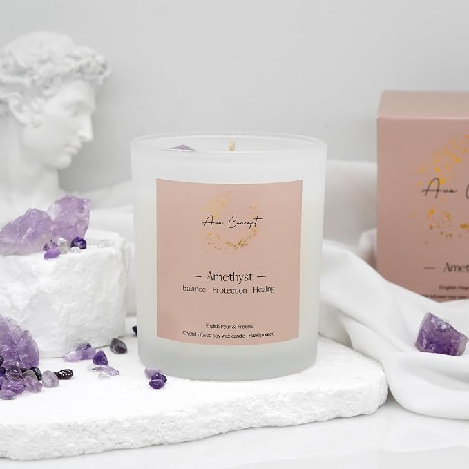 AvaConcept Amethyst Crystal Candle – 10oz / 280g | English Pear & Freesia Aromatherapy | Hand-Poured Soy Wax | Genuine Healing Crystals Embedded | Balance, Protection & Healing | Gift Box Included
