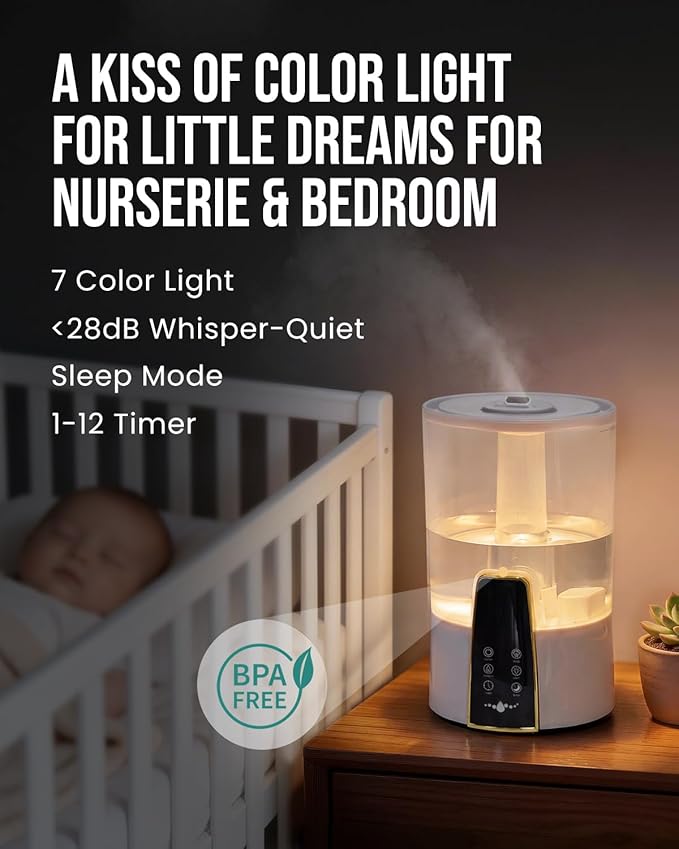 Humidifiers for Bedroom,1.06Gal(4L) Dishwasher Safe Design Easy to Clean,Top Fill,Night Light,Aroma Diffuser,Humidity Control,12H Timer,Sleep Mode,3 Level Mist,360° Nozzle,Home,Nursery,Off White