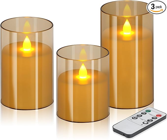 wemarry Flameless Candles 4" 5" 6" Acrylic Glass Pillars 3" Diameter Battery Operated Flickering Candles Include 8-Key Remote with Timer Function 400+ Hours (Amber, Warm Light 3 Pack)