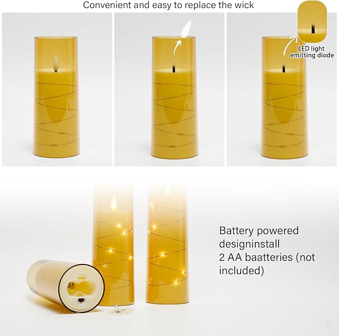 kakoya Flameless LED Candles with Timer 5 Pc Flickering Flameless Candles for Romantic Ambiance and Home Decoration Stable Acrylic Shell,with Embedded Star String，Battery Operated Candles（Gold）