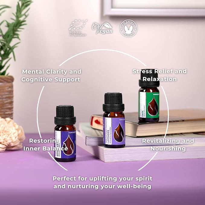 Set Bliss Organic Essential Oils | Rosemary + Sage + Lavender | 100% Pure and Natural | Undiluted | Therapeutic Grade | Family-Owned Farm | Non-GMO | (3 pcs x 10 ml)