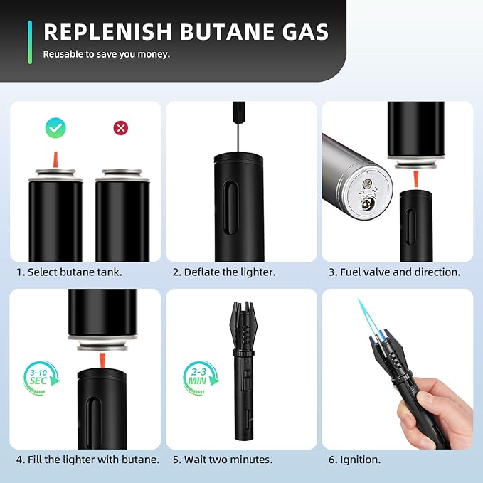 Mini Torch Lighter Straight Flame Bright Fire Small Refillable Butane Lighter Pocket Windproof Jet Flame with Visual Window for Survival Kitchen Camping Candles Fireplace BBQ Gift, 5" (Without Fuel)