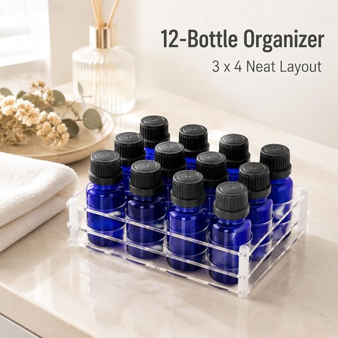 BOXIN 2-Pack Acrylic 2-in-1 Storage Rack, 12 Slots Each, Holds 10ml/15ml/20ml Essential Oils & Slim Lipsticks, Clear Desktop Vanity Organizer