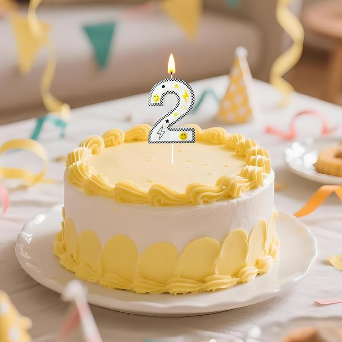 Number 2 Birthday Candle for Cake – 2.7 Inch Large Size Black White Checkered Smiley Design with Lightning & Star – two Happy Dude Theme Cake Topper Decoration