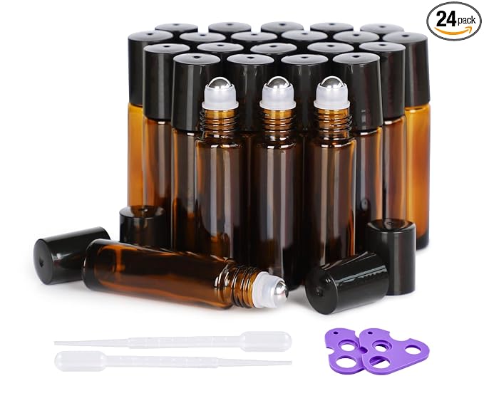 Hoa Kinh Roller Bottles for Essential Oils 10ml 24Pack Empty Amber Glass Perfume Roller Bottles with Stainless Steel Balls Refillable Roller Ball Applicator for Hair, Essential Oil