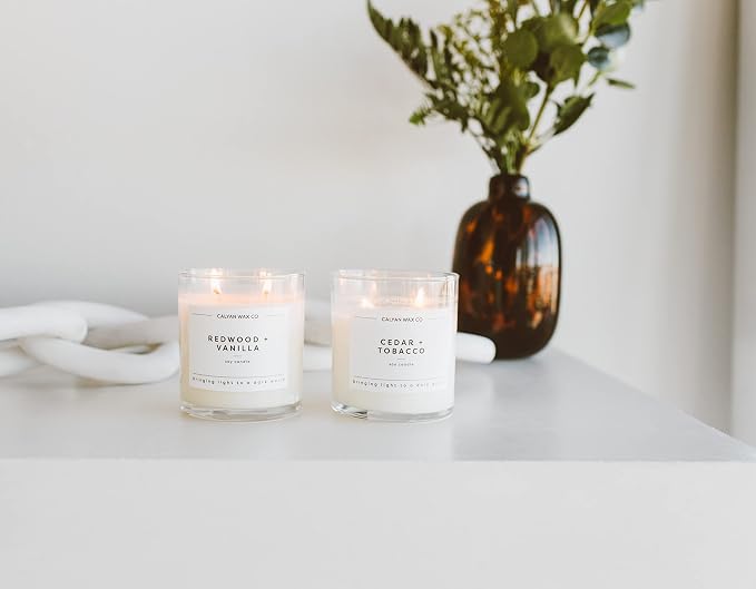 Calyan Wax Co. Smoke & Leather 2 Wick Scented Candle - 37 Hour Burn - Luxury Clean Soy Wax Candles - Long Lasting Large Glass Jar Candle for Home - 8.8oz