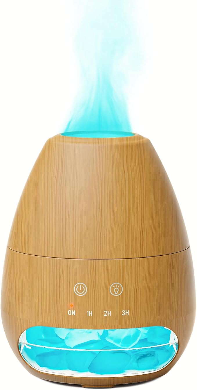 Ultrasonic Essential Oil Diffuser with Himalayan Salt Rock,Flame Diffuser with 7 LED Light,100ML Small Aromatherapy Oil Diffuser with Auto Off Function for Home, Office,Spa,Wooden Grain