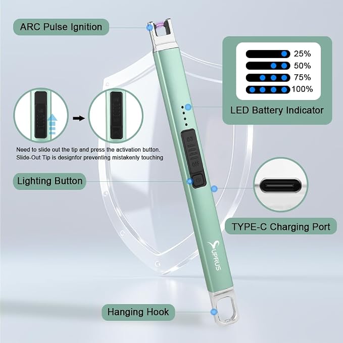 SUPRUS Candle Lighter Arc Electric Lighter Windproof Flameless with Safety Switch for Camping BBQ Birthday, Giftbox for Mom Wife Friend (Green)