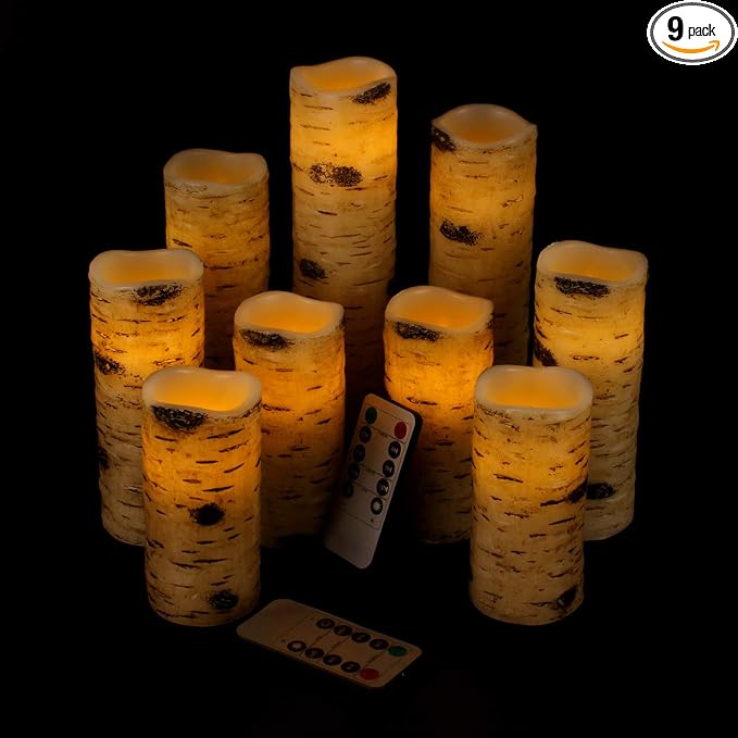 Vinkor Flameless Candles Battery Operated Candles Birch Effect 4" 5" 6" 7" 8" 9" Set of 9 Real Wax Pillar LED Candles with 10-Key Remote Control 2/4/6/8 Hours Timer