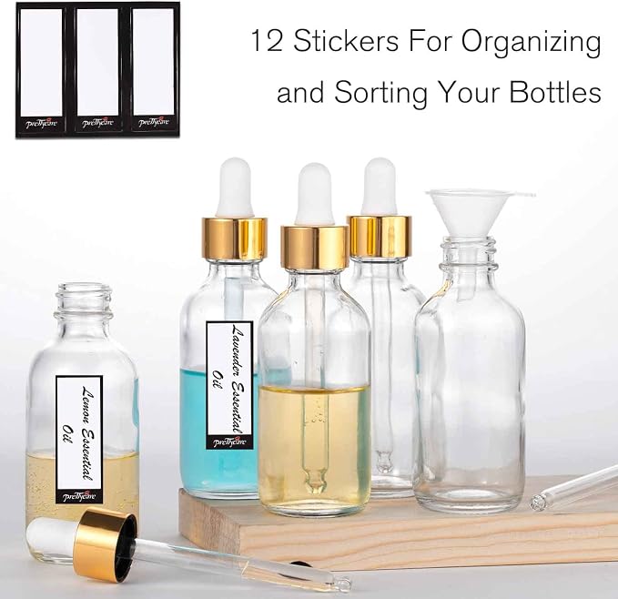PrettyCare 4 Pack 1oz Dropper Bottles for Essential Oils, 30 ml Clear Glass Essential Oils Bottles with Labels, Funnels- Empty Leak Proof Tincture Bottles for Personal Care & Beauty