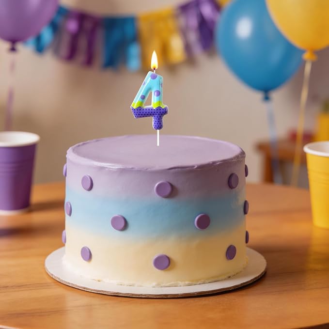 Number 4 Birthday Candle for Cake – Colorful Polka Dot & Patchwork Design – Fun Cake Topper Decoration for Birthday Celebration