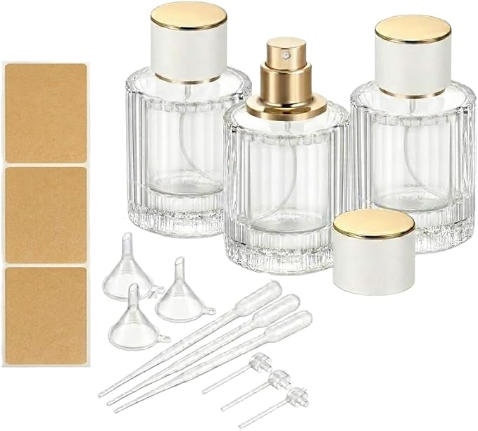 30ml Empty Perfume Spray Bottles, Ribbed Glass Atomizer Spray Bottle Refillable Portable Glass Atomizers with Funnel and Dropper, Fine Mist Spray for Women Men Dispenser Fragrance Container Set