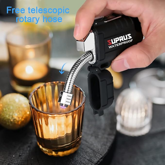SUPRUS Waterproof Lighter Windproof Lighter Arc Plasma Lighters USB-C Rechargeable with Expandable and Flexible Neck for Outdoor, Camping & Kitchen (Black, 2Packs)