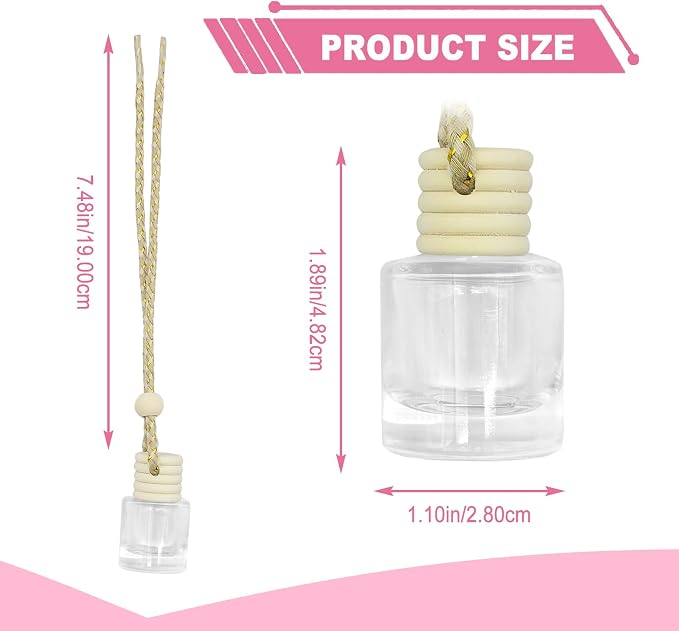 5 pcs Car Hanging Empty Glass Perfume Bottles Pendant Bottle, DIY Air Freshener Pendant, Empty Clear Glass Essential Diffuser Oil Aromatherapy, Glass Bottle Decor (Cylindrical)