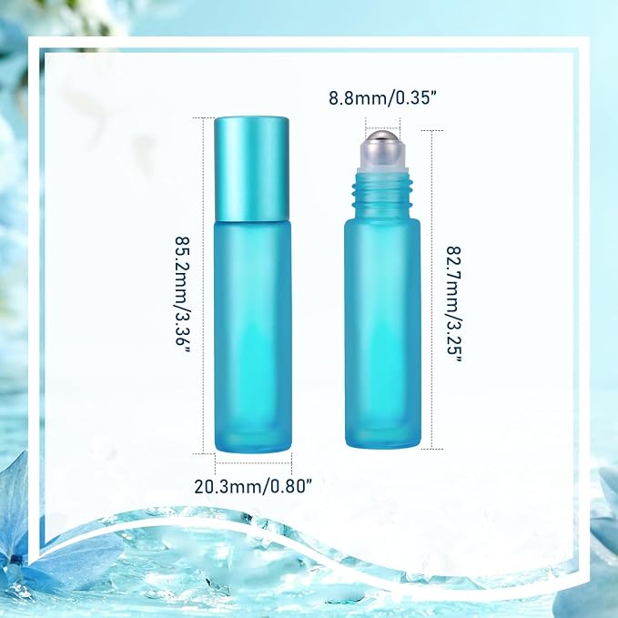 Glass Roller on Bottle, 10ml Refillable Essential Oil Bottle with Stianless Steel Ball, Pack of 10 (Light blue)