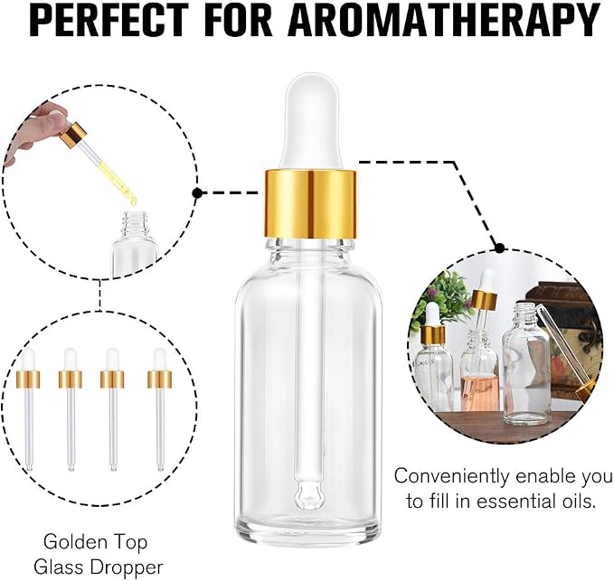PrettyCare 2 oz Dropper Bottles, 4 Pack Clear Glass Bottles 60ml with Golden Caps, 12 Labels, Funnel & Measured Pipettes-Empty Tincture for Essential Oils & Skincare