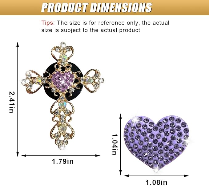 2PCS Bling Cross & Heart Car Dashboard Air Vent Trim Clip, Sparkly Rhinestone Car Air Vent Clips, Diamond Auto Diffuser Charm Clip, Auto Interior Decoration Accessory for Women Girls (Purple)