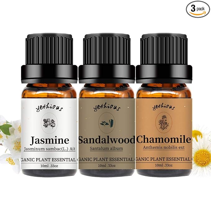yethious Jasmine Chamomile Sandalwood Essential Oil Set Organic 100% Pure 3 Pack Chamomile Essential Oils for Aromatherapy & Diffuser