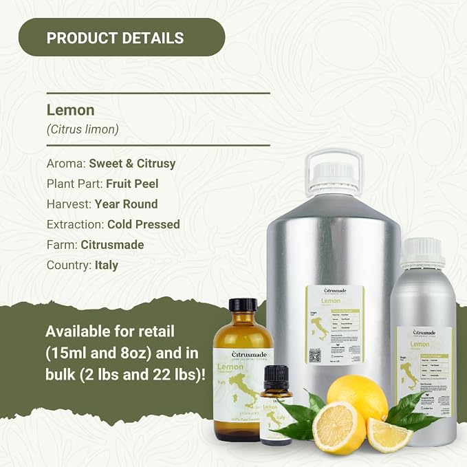 Lemon Essential Oil - Direct from Citrusmade Southern Italy - Cold Pressed - Aceite de Limón for Aromatherapy, Massage, Diffuser, DIY Candle and Soap Making - 22lbs
