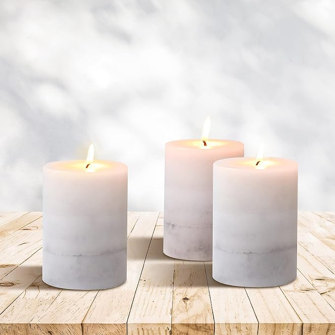Set of 3 Scented Pillar Candles Creamy Coconut Scented 3" x 4" Long-Lasting Burn Candle White Gray Palette Pillar Candle Clean Burning No Drip Candles Gift for Home Party Dinner Table Decor
