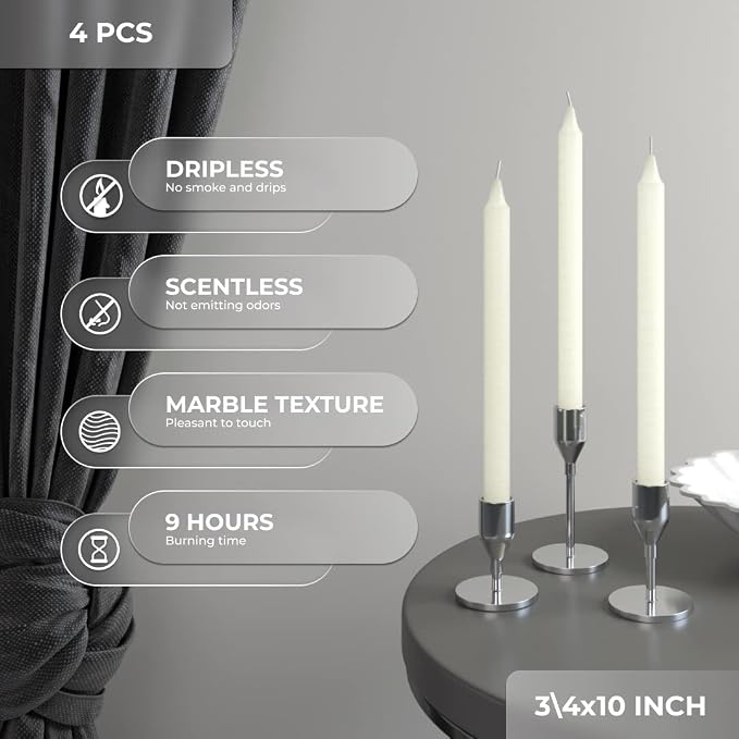 CANDWAX Ivory Taper Candles Pack of 4 - Slow Burning Dripless Unscented Straight Candles 10 inch - Ideal for Dinner Table - Smokeless Long Candlesticks
