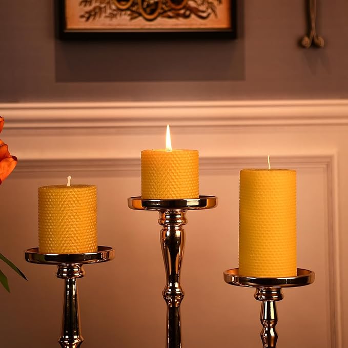 DEYBBY 3×4 in Beeswax Pillar Candle - Handmade Pure Organic Beeswax Honeycomb Rolled Candle for Home Study Decor Housewarming GFT