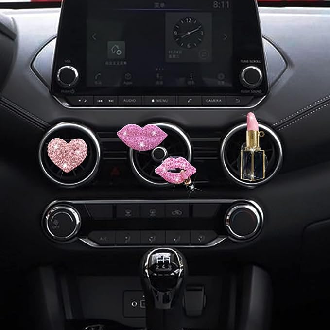 Pink Lips Air Vent Clips, 4 Pcs Sexy Lips Kiss Heart Shape Car Air Fresheners for Women Charms Rhinestone Diffuser Vent Clip Cute Car Decor Bling Car Accessories for Women