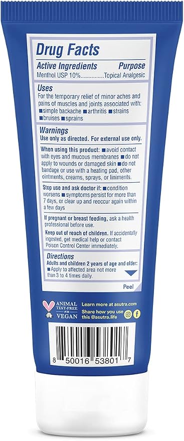 ASUTRA Muscle Pain Relief Cream, Cooling Menthol with Moisturizing Magnesium and Arnica Montana Oil, 3.4 oz