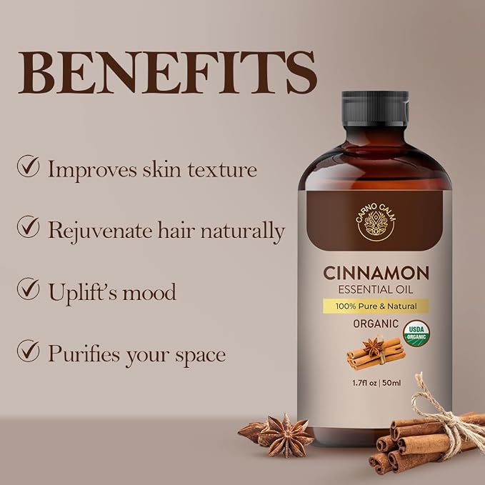 Cinnamon Essential Oil | USDA Certified Organic Cinnamon Oil | Perfect for Aromatherapy and Diffuser | 1.7 fl.oz