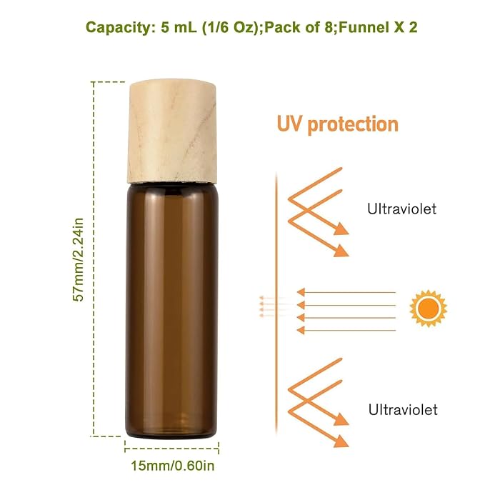 5mL(1/6 Oz) Amber Glass Roll On Bottles, 8 Pack Leak Proof Refillable Roller Bottles for Essential Oils, Perfume, DIY Craft, Samples, Eye Roller, Travel Portable