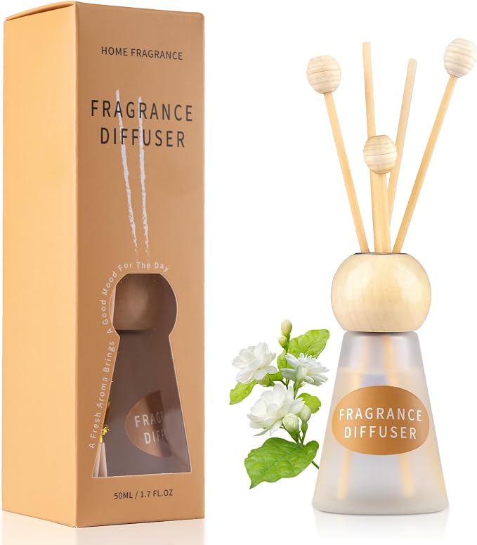 Reed Diffuser Set, Evening Gardenia Scent with Reed Sticks, 1.7 fl oz / 50ml Cone-Shaped Bottle with Round Wooden Cap, Ideal for Bathroom, Bedroom, Office, Home Fragrance for Shelf Decor Air Freshener