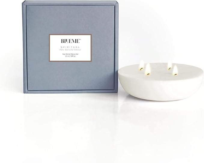 Blueme Spiritual Candle Refill | Palo Santo & Vetiver | 4 Wick - Contains Essential Oil, Sustainable, Hand Finished, Hand Poured, Luxury Refill, Natural Cotton Wick, Soy-Wax Blend | Large 24 oz
