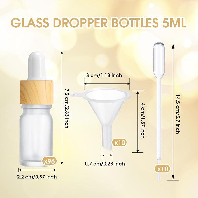 Patelai 96 Pcs 5 ml/ 0.2 oz Frosted Glass Dropper Bottles Essential Oil Bottles with Eye Dropper and Bamboo Lids Perfume Sample Essence Liquid Cosmetic Containers and Funnels (White)