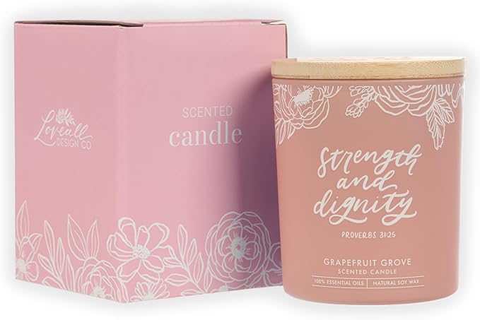 Christian Art Gifts Soy Wax Scented Candle: Strength & Dignity Bible Verse, Grapefruit Grove Scent, Pure Essential Oils, 4.5 oz, Up to 20 Hours Burn Time, Glass Jar w/Bamboo Lid, Encouragement Gift