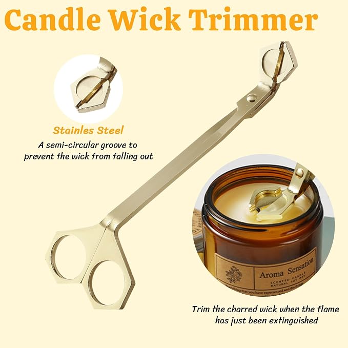 Premium 4 in 1 Candle Accessory Set - Candle Wick Trimmer, Snuffer, Wick Dipper and Tray, Care Kit for Candle Lover, Perfectly Trimmed Wicks (Gold)
