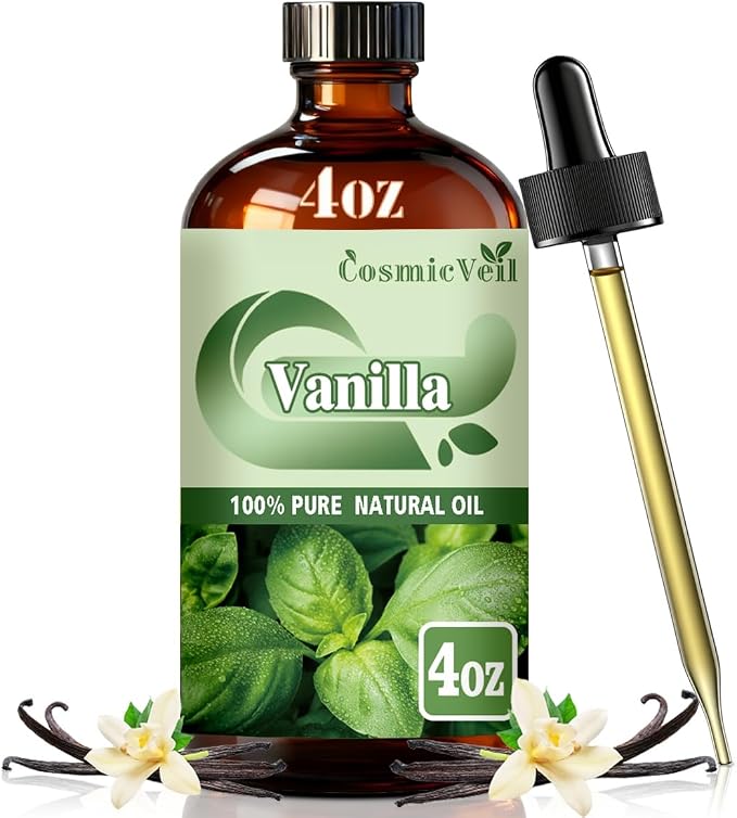 Vanilla Essential Oil Vanilla Oil for Aroma Diffuser,Humidifier,Home Fragrance,Cleaning,Body Care,Massage,Yoga,DIY Candle,DIY Soap CosmicVeil（Vanilla，4 Fl Oz (Pack of 1)）