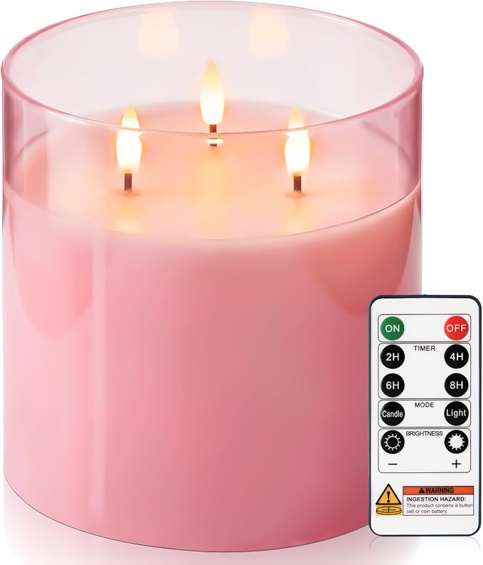 Homemory 6x6 Extra Large Flameless Candle with 3 Wicks, Pink Glass LED Pillar Candle, Real Wax Battery Operated Candle with Remote and Timer, Flickering Flameless Candle Home Wedding Valentine Decor