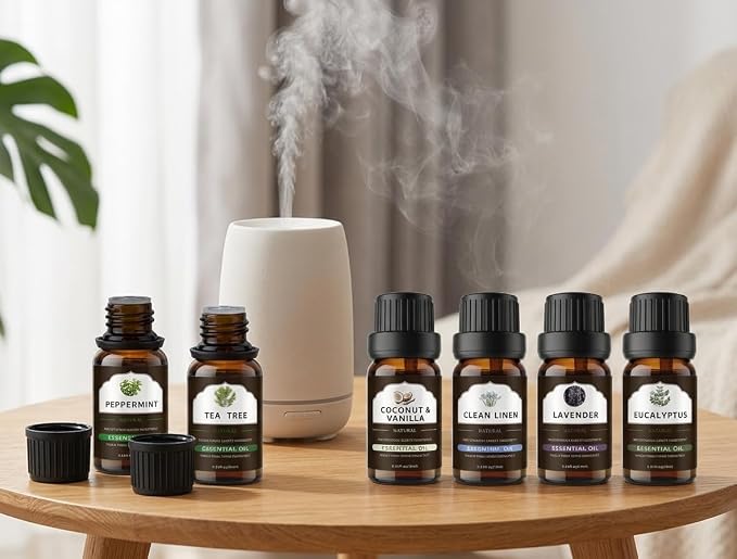 WEALD TRIBE Essential Oils Set for Diffusers, Aromatherapy, Air Freshener, Home Fragrance, Candle Making Scents Gift Set 6x10ml(PEPPERMINT | LAVENDER | TEA TREE | EUCALYPTUS |COCONUT & VANILLA |LINEN)